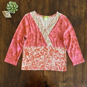 Sigrid Olsen | 90’s Y2K Floral V-Neck Cotton Top with Sequins